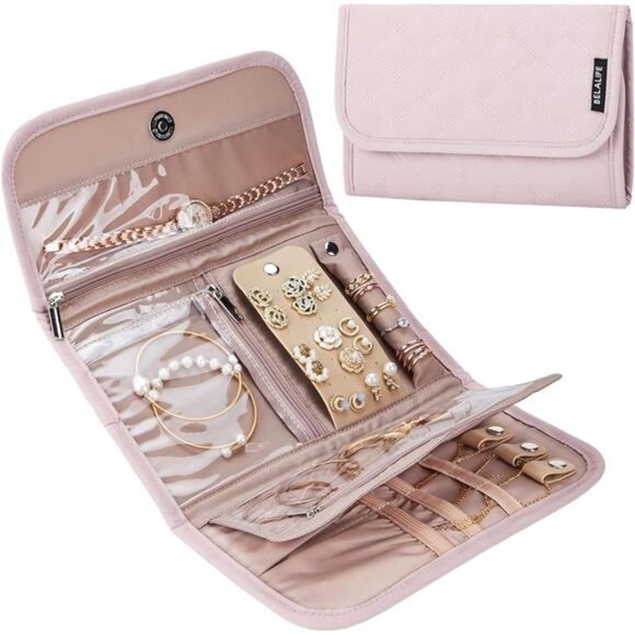 Travel Jewelry Case Organizer Foldable Jewelry Roll Storage Bag Pink for Earring - Picture 1 of 7